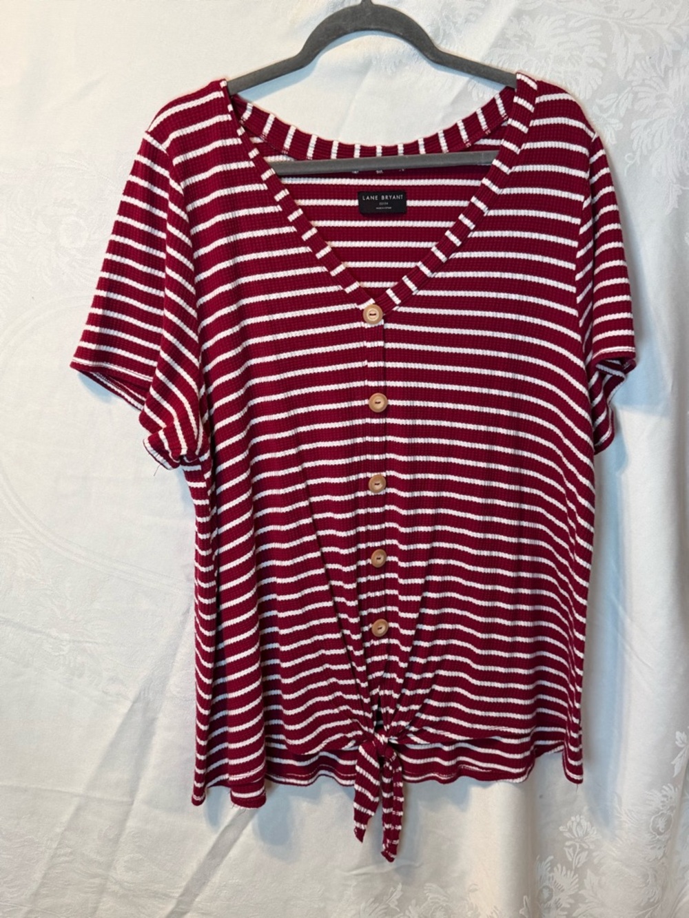 Lane Bryant Burgundy & White Striped Button-Front Tie Hem Top